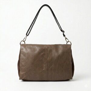 Genuine Leather Shoulder Bag Italy Taupe Tan Convertible Minimalist Casual Soft
